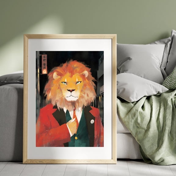 Japanese Lion In Suit Poster, Majestic Lionjapanese Anthropomorphic Lion Art, Stylish Lion Illustration Wall Art, Modern Wall Decor, 16x24 UNFRAMED