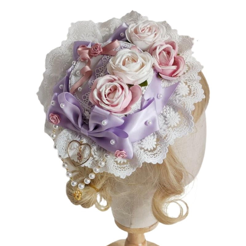 Japanese Lolita Sweet Lace Top Hat Pearl Beaded Bowknot Rose Flower Bonnet Flat Cap Vintage Steampunk Tea Party Hair Accessories