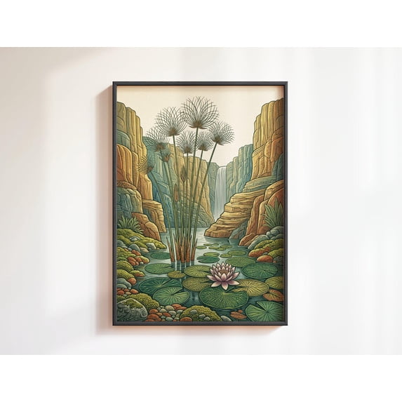 Botanical Flower Graphics Japanese Lotus Botanical Print Papyrus Waterfall Canyon Wall Art, Water ...