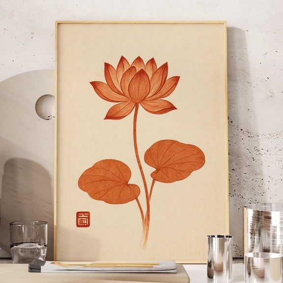 Japanese Lotus Flower Art Print Wabi Sabi Wall Artasian Art Traditional Japandi Poster Terracotta And Beige Art Print , Poster Print Only