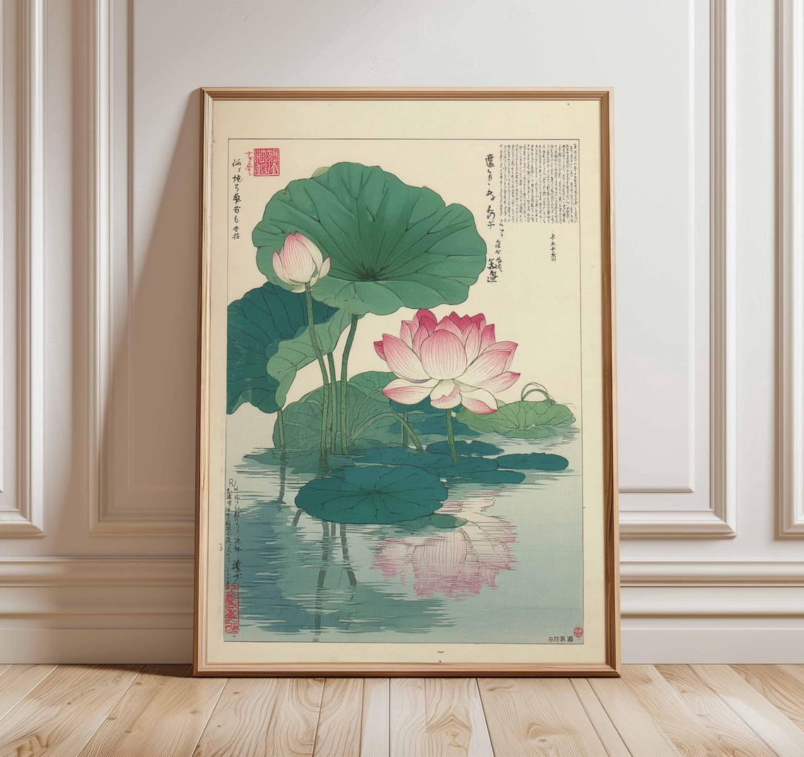Japanese Lotus Flower Vintage Botanical Traditional Zen Art Home Decor ...