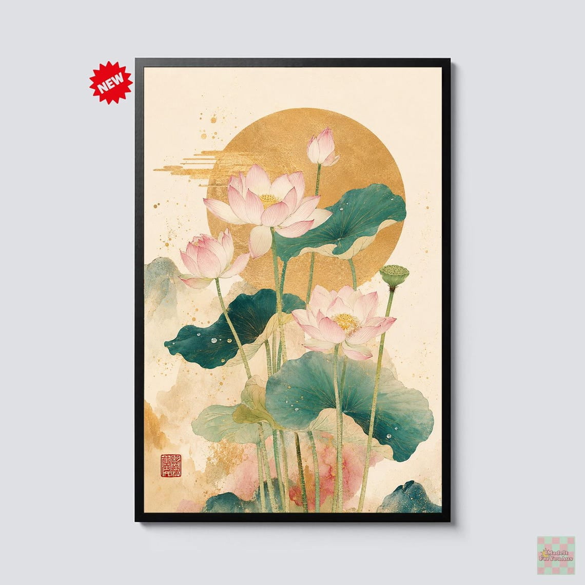 Japanese Lotus Flower Wall Art Print, Golden Zen Decor - Walmart.com