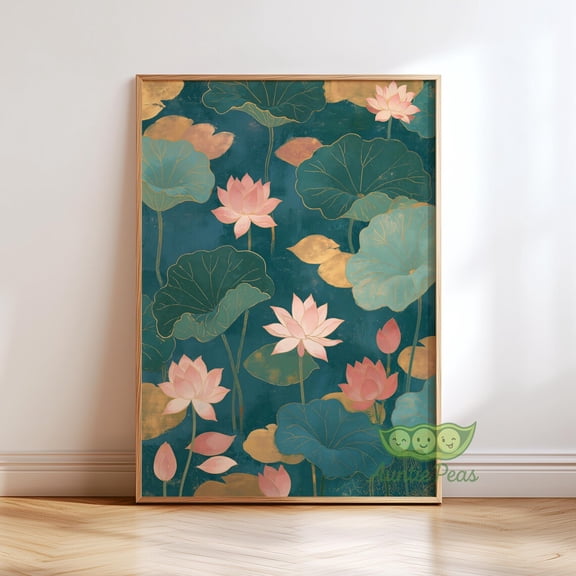 Japanese Lotus Pond Teal Pink Botanical Wall Art Poster Unframed Paper Print