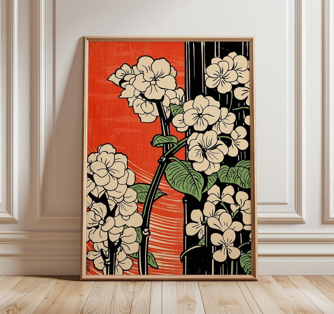 Japanese Lotus Wall Art Print, Red Black Botanical, Botanical Bedroom ...
