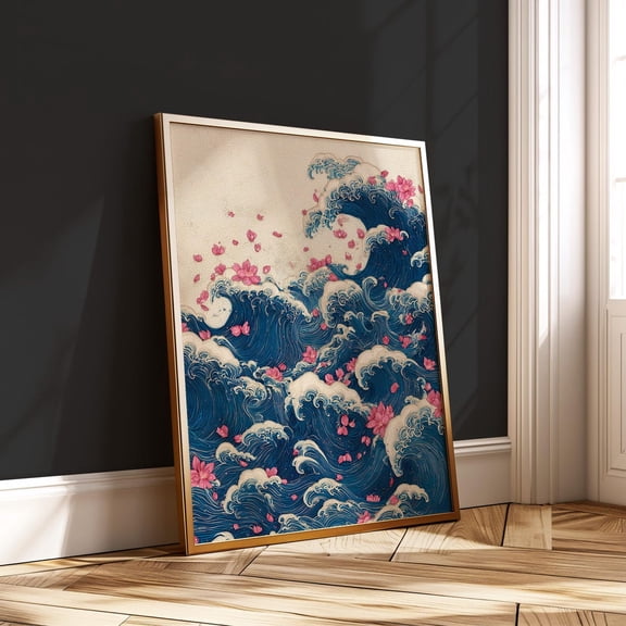 Japanese Lotus Wave Zen Ocean Art Japandi Decor, Unframed Canvas 16x20in