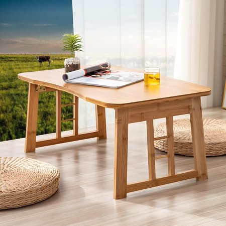 Japanese Low Desk Wooden Folding Mini Small Coffee Table for Laptop,Outdoor Portable Simple Foldable Tea for Sitting On The Floor Small Spaces for 2 Use (Yellow)
