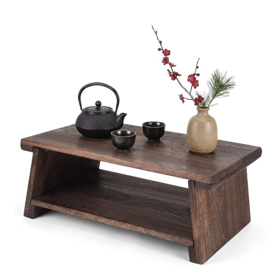 Japanese Low Floor Table, Solid Wood Small Low Meditation Table with Storage, 19.7 x 11.8 x 7.9 in Foldable Altar Tables for Tatami Bay Window and Living Room, Dark Brown