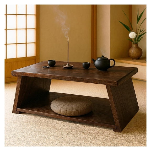 Japanese Low Floor Table for Meditation, Solid Wood Small Altra Table with Bottom Shelf, Minimalist Zen Furniture for Tea Ceremony & Reading Room