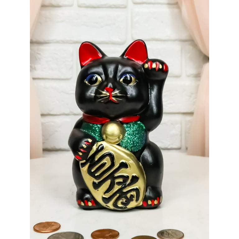 Japanese Luck Fortune Charm Black Beckoning Cat Maneki Neko Money Bank  Statue 5