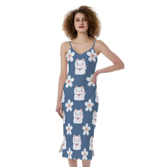 Japanese Lucky Cat And Sakura Print Slim Fit Midi Cami Dress, Pet Cat Fashion Summer Maxi Sexy Casual Dress For Women