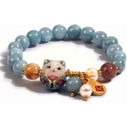 Japanese Lucky Cat Bracelet, Cute Hand-Painted Ceramic Maneki Neko with Ice-look Beads, Wide-Eyed Kawaii Kitty Good Luck Wealth Amulet, Boho Aesthetic Jewelry Gift for Women Teen Girls Blue
