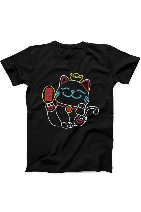 Japanese Lucky Cat Neon Light Cyberpunk Style Black Tee Shirt,for men & women up to 5XL