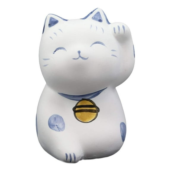 Japanese Lucky Charm Beckoning Cat White Maneki Neko With Blue Spots Figurine