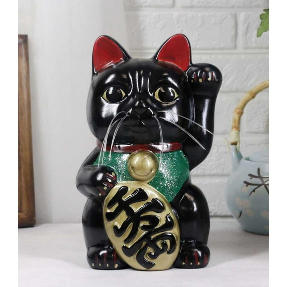 Japanese Lucky Charm Black Beckoning Cat Maneki Neko Money Bank Figurine 8.5"H