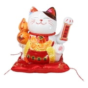 Japanese Lucky Charm White Beckoning Cat Maneki Neko With Waving Arm Statue 10"