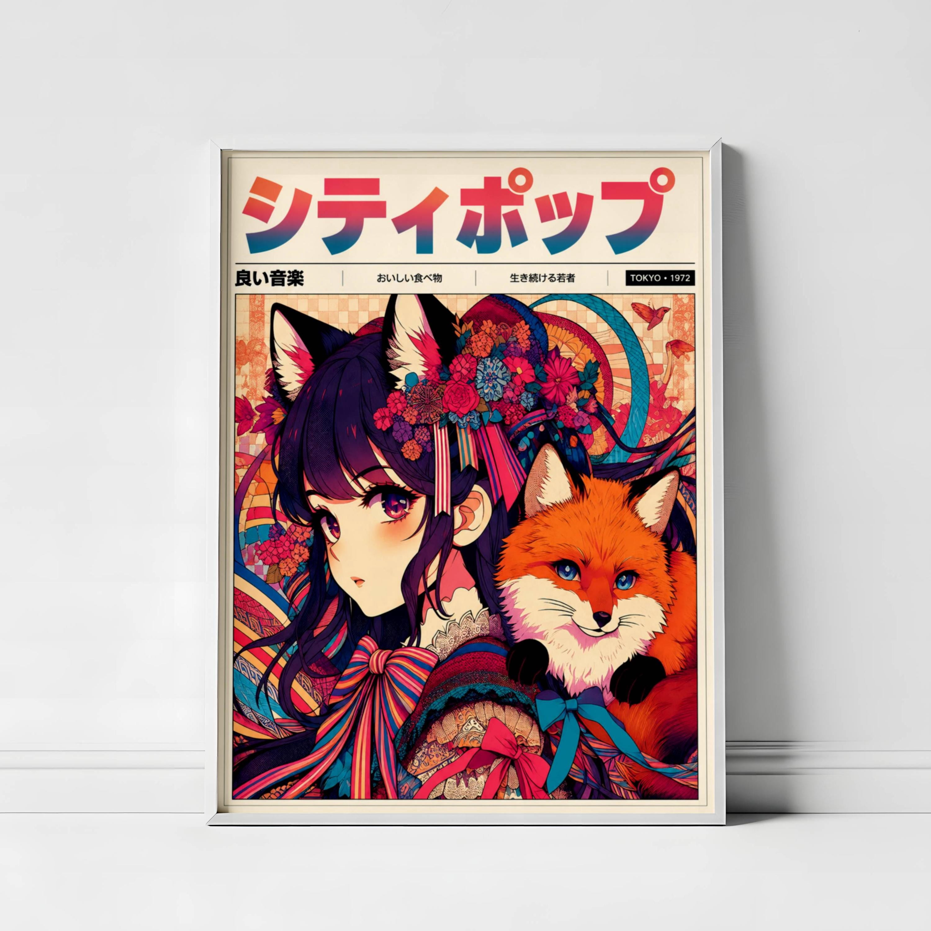 Japanese Manga Girl With Flowers And Fox Featuring Vintage And Room ...