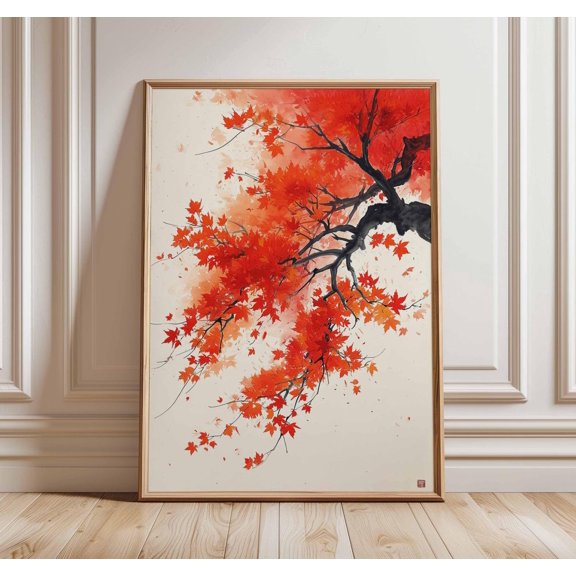 Japanese Maple Autumn Leaves Red Orange Foliage Asian Nature Zen Botanical Wall Art Print
