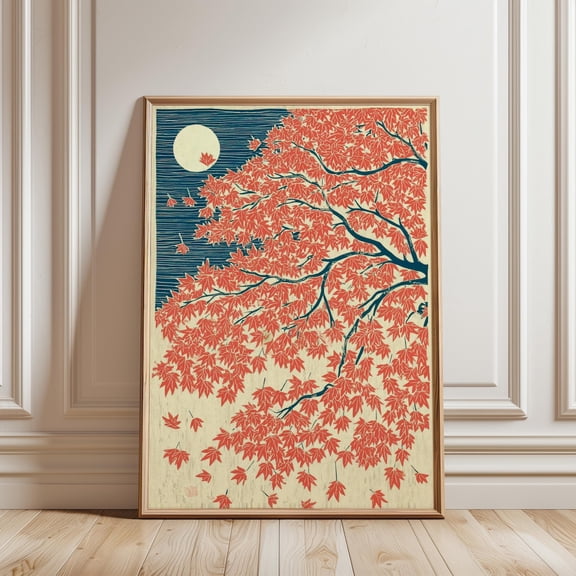 Japanese Maple Autumn Red Blue Moonlit Landscape Elegant Nature Art Unframed Paper Print