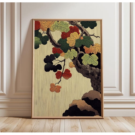 Japanese Maple Leaf Poster Woodblock Style Botanical Autumn Nature, Unframed Poster