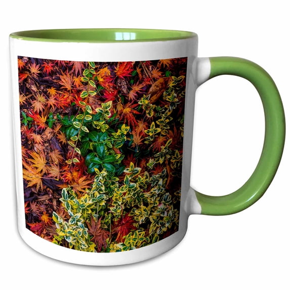 3drose, Japanese Maple Leaves on Ground Amid Ivy, 15oz Two-tone Green Mug