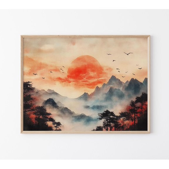 Japanese Maple Tree at Sunset Vintage Retro Inspired Art V8, UNFRAMED Size 30x30
