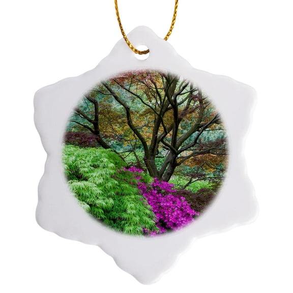 3drose, Japanese Maples and Pink Azalea, St Louis, Missouri, 3 inch Snowflake Porcelain Ornament