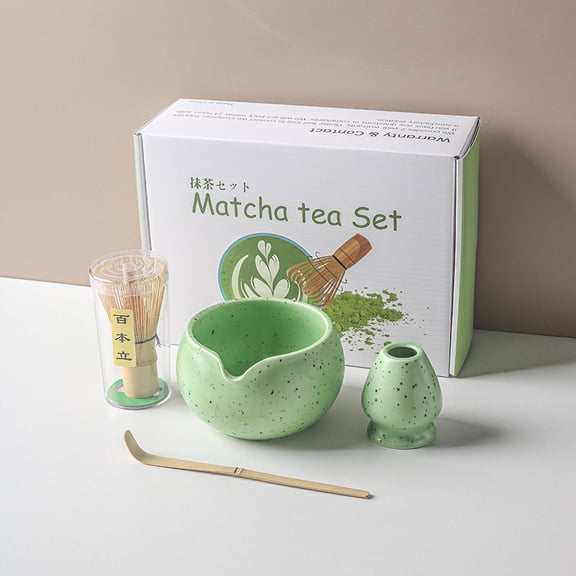 Japanese Matcha Set with Coarse Pottery Tea Bowl with Mouth, Bamboo Tea Whisker, Tea Towel, Tea Scoop, Complete Set of Tea Ceremony Utensils 4PCS (Green)