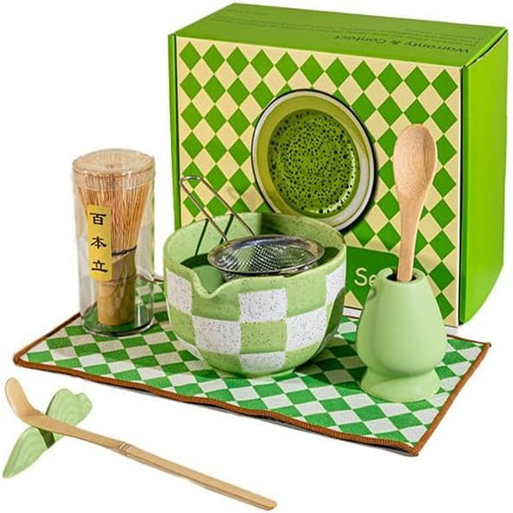 Japanese Matcha Tea Set Complete Matcha Preparation Kit with Ceramic Matcha Bowl Bamboo Whisk Scoop Sifter Whisk Holder and Tea Mat Traditional Matcha Making Tools for Home Tea Ceremony Gift for