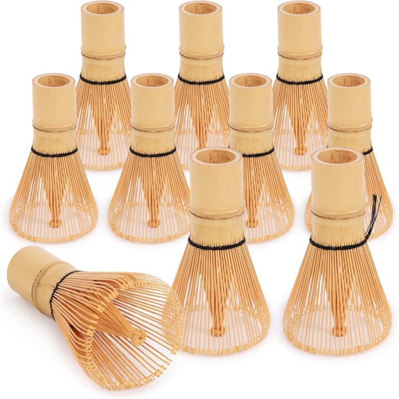 Japanese Matcha Whisk Chasen - Traditional Handcurled 100 Tate Matcha Utensil - Natural Golden Brown - 10 Pieces