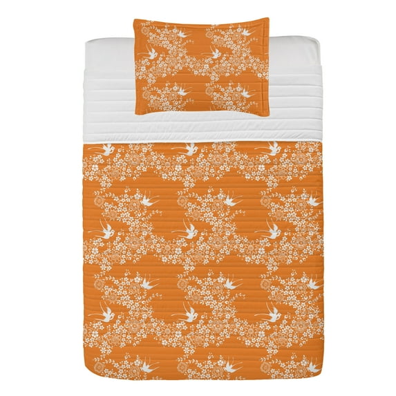 Japanese Microfiber Bedspread Set, Oriental Floral Japanese Style Flying Birds Pastel Colored Spring Pattern, Soft Bedding Set with Pillow Shams & Comforter, 3 Sizes, Marigold White, by Ambesonne