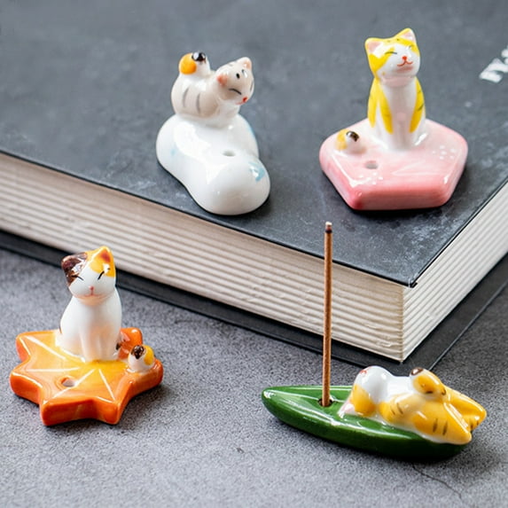 Japanese Mini Cute Kitty Cat Handmade Ceramic Incense Stick Holder or Incense Burner Holder, Adorable Animal Theme Inscent Tray for Home Decor Yoga Spa Meditation