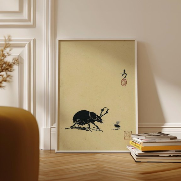 Japanese Minimal Ink Beetle Silhouette Insect Wall Art Print Decor, Unframed Paper Poster 8x10in