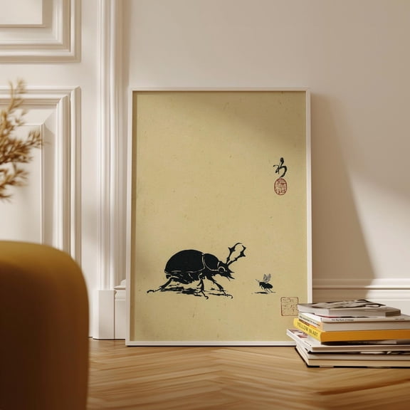 Japanese Minimal Ink Beetle Silhouette Insect Wall Art Print Decor Unframed Paper Print