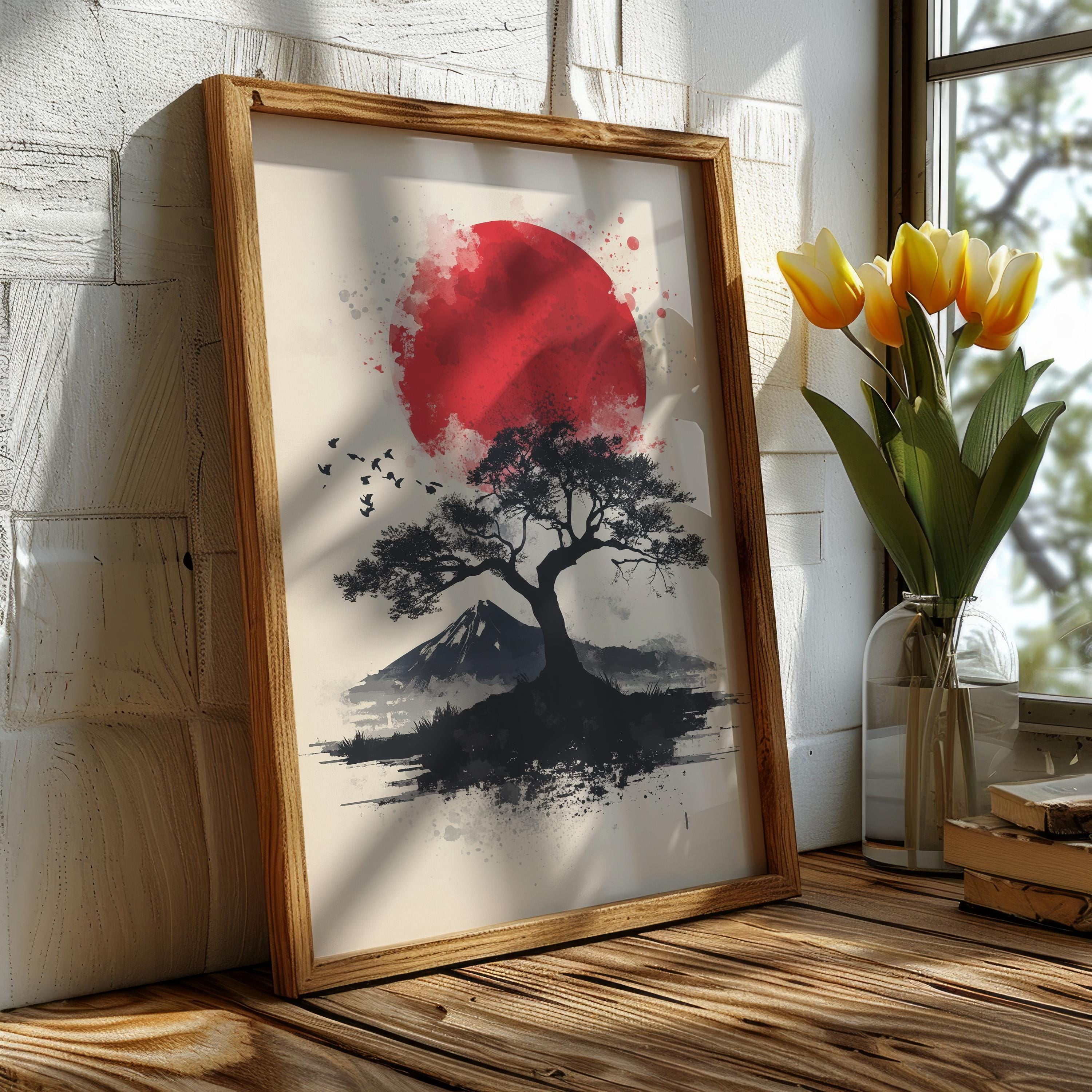 Zen 718 Japanese Minimal Tree Red Sun Zen Landscape Art Japanese Gift Japanese ...