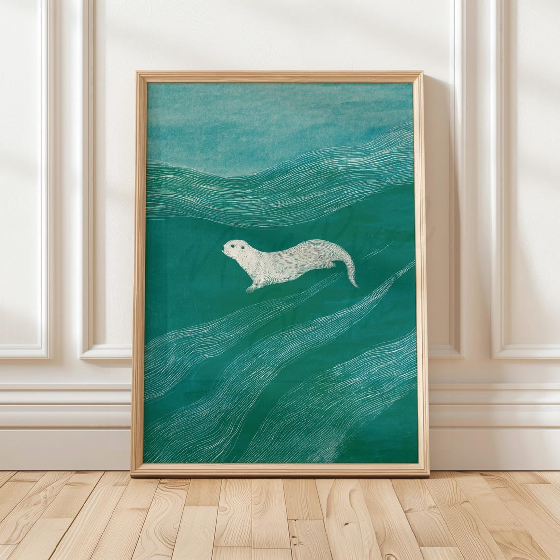 Japanese Minimalist Otter Swimming Wall Art Print, Serene Coastal 14 ...