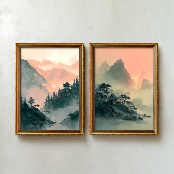Japanese Misty Landscape Wall Art Foggy Mountains Asian Shan Shui Calming Zen Printable Artwork Set 2 Unframed Paper Print 8x12