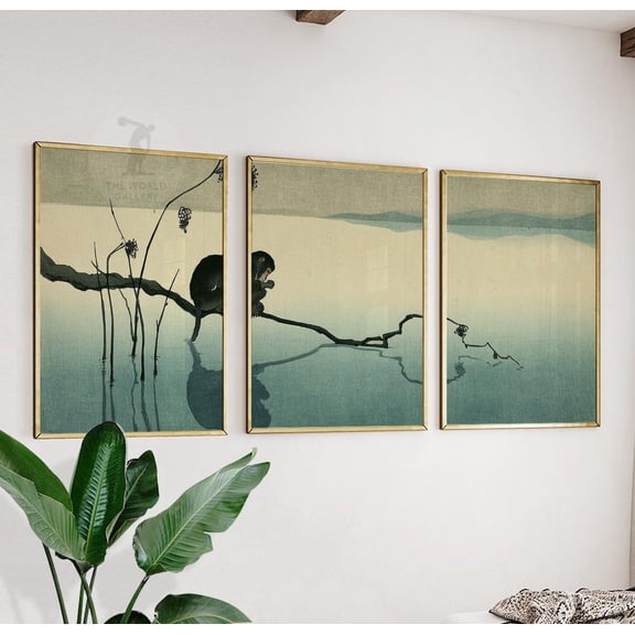Japanese Monkey Wall Art Prints, Zen Landscape Triptych Home Decor