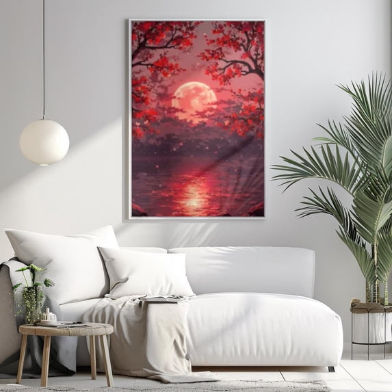 Japanese Moon Art Cherry Blossom Night Moon Art Fantasy Nature Poster ...
