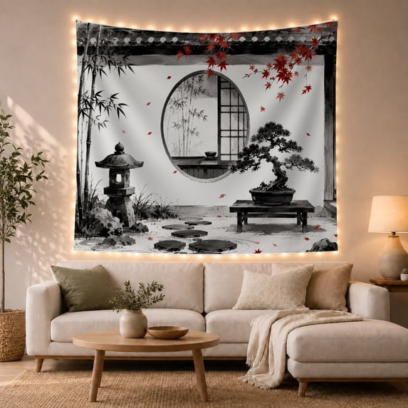 Japanese Moon Gate in Tranquil Bamboo Garden, Serene Japanese Inspired for Nature Lovers, Zen Art Print Christmas Gift Tapestry Wall Hanging for Bedroom and Living Room