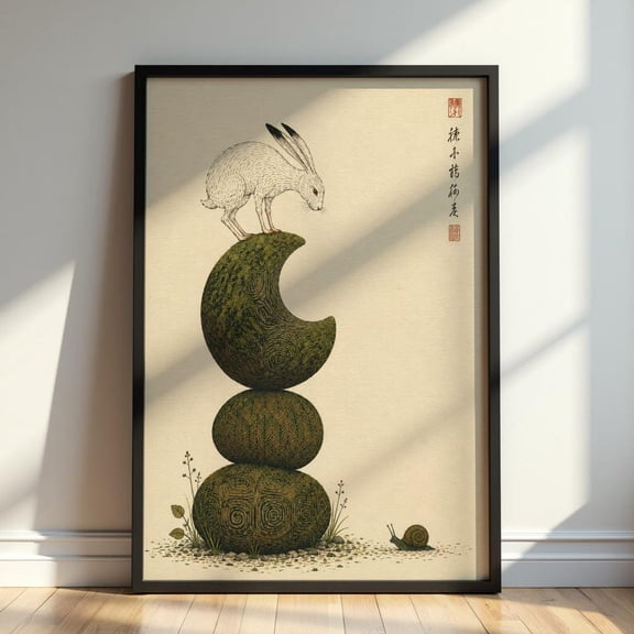 Japanese Moon Rabbit Wall Art Zen Crescent Moon Print Vintage Asian Nature, Unframed Paper Print