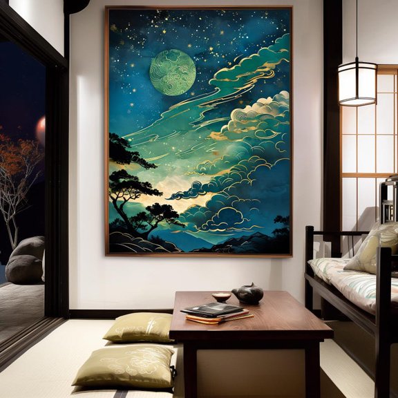 Japanese Moonlit Sky Landscape Poster, Celestial Cloud Night Wall Art 16x24 UNFRAMED