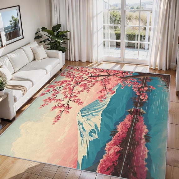 Japanese Mount Fuji Area Rug Cherry Blossom Carpet Washable Non Slip Soft Living Room Bedroom Entrance Mat 3x4ft