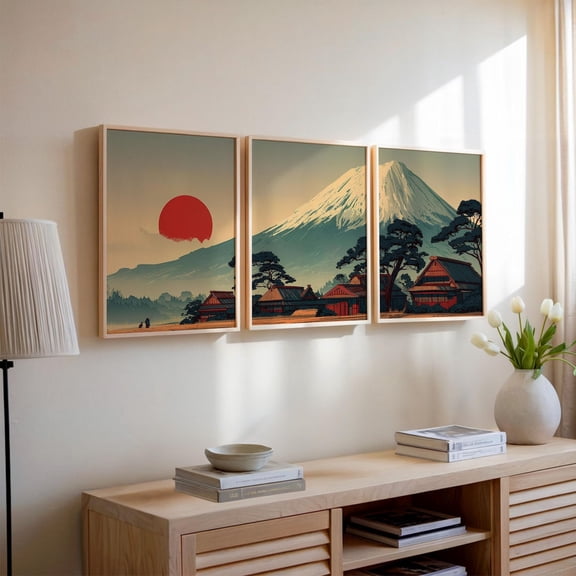 Japanese Mount Fuji Landscape Poster Mount Fuji Traditional Japan Houses Prints Set 3 Stretched Canvas 16x24