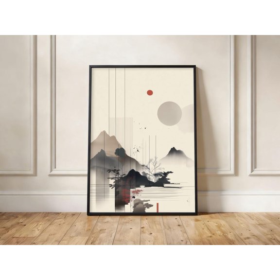 Japanese Mountain Abstract Ink Landscape Minimalist Zen Wall Art, Unframed Paper Print