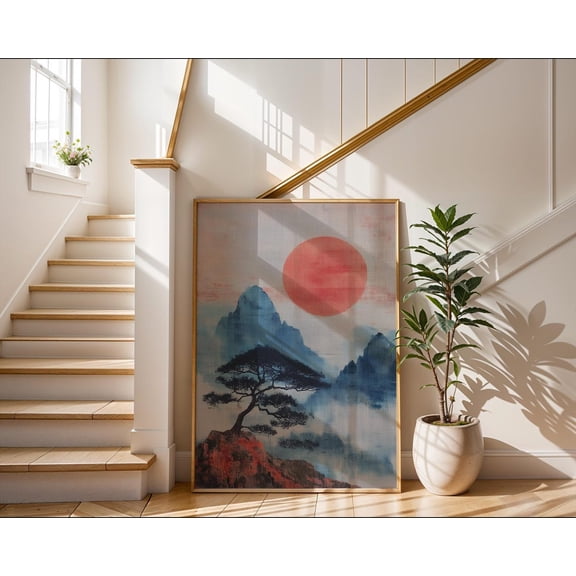 Japanese Mountain Art Wabi Sabi Landscape With Red Sun Zen Wall Decor Minimalist Asian Nature Gift Idea Bedroom Art