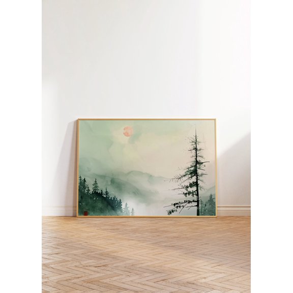 Japanese Mountain Forest Art Print Minimalist Landscape Wall Decor, Stretched Canvas 16x20in