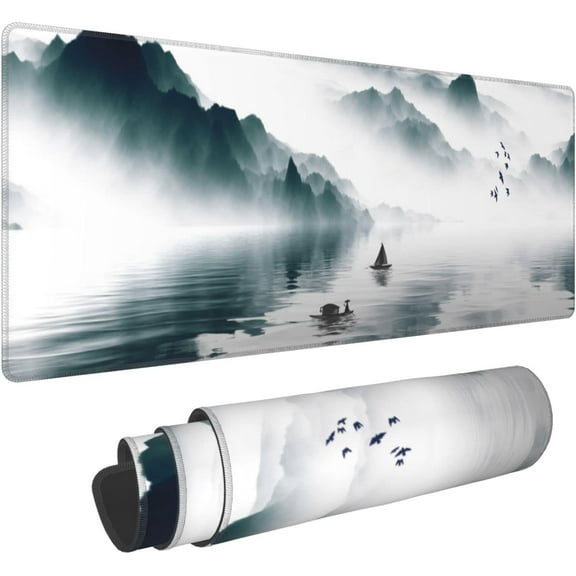 Japanese Mountain Lake Extended Big Mouse Pad Large,XL Gaming Desk Pad,31.5x11.8inch Long Computer Keyboard Mouse Mat Mousepad with 3mm Non-Slip Base and Stitched Edge for Home Office Work