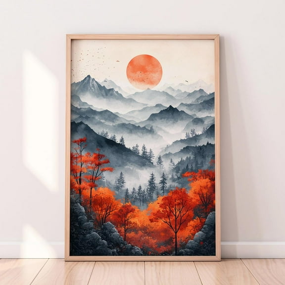 Japanese Mountain Landscape Print - Red Sun & Misty Peaks - Zen Wall Art - Minimalist Nature Decor - Serene Oriental Artwork Wall Art, Modern Wall Decor, 8x12 UNFRAMED
