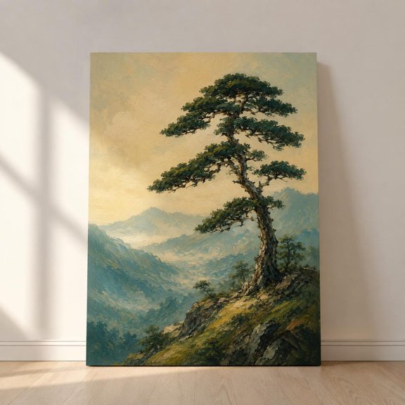Japanese Mountain Sage Green Nature Decor Forest Wall Decor Lone Pine Tree Zen Landscape