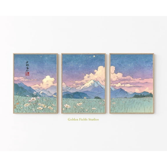 Japanese Mountain Set Of Ukiyo E Landscape Art Night Sky Nature Triptych Set 3 Unframed Paper Print